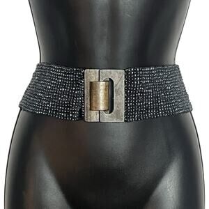 VINTAGE SEED BEAD & WOOD STRETCH BELT M L WIDE HEMATITE GRAY GLASS BEADED VGUC
